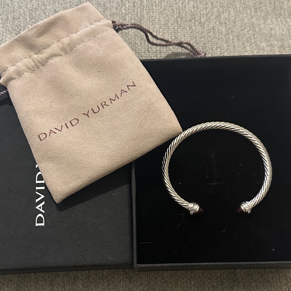 David Yurman Silver Bracelet with Deep Red Accents